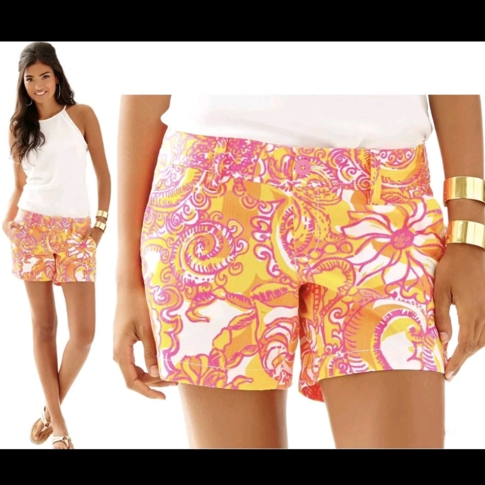 Lilly Pulitzer Callahan Sunshine Yellow Sea and Be Seen Pink Orange Shorts 0